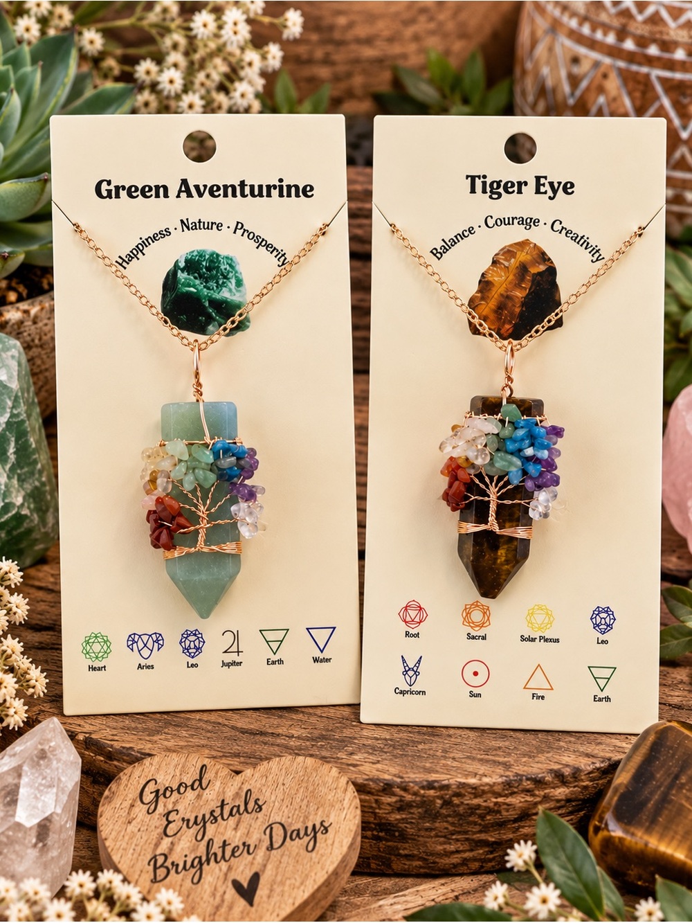 Green Aventurine or Tiger Eye Chakra Tree Pendant Necklace - Green